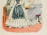 an old fashion illustration of a woman in a blue dress and a woman in a white dress