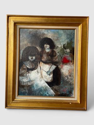 painting of a group of people with masks and a red rose in a gold frame