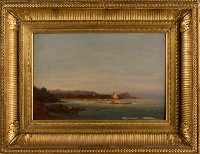 an image of a painting of a lighthouse on a rocky coast
