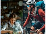 two pictures of a man and a woman riding bikes