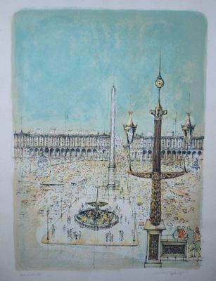 tableau représentant une place de ville avec une fontaine en son centre