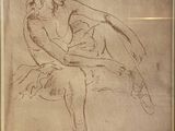 an old drawing of a woman sitting on a chair with her legs crossed