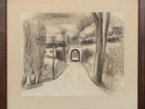 pencil drawing of a road leading to a bridge in a wooded area