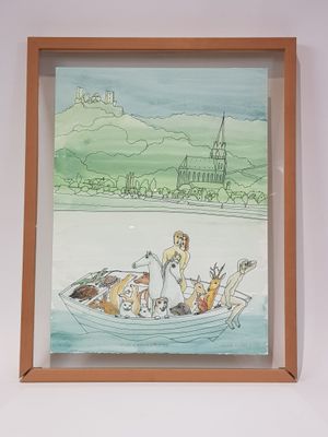 a picture of a picture of a family in a boat