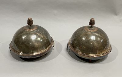 pair of antique silver plated serving dishes with domed lids