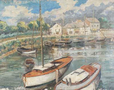Ludovic CUYER (XXe), "Sur le port", huile sur toile marouflé…