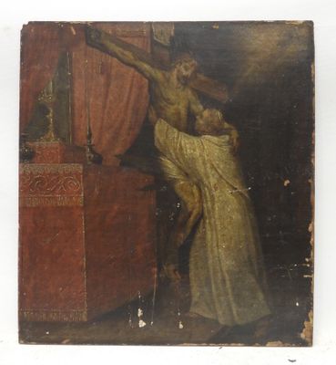 an old painting of a woman on a cross with a man on the other side of it