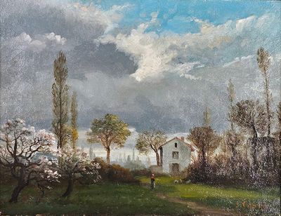 peinture représentant un paysage avec une maison et des arbres au premier plan