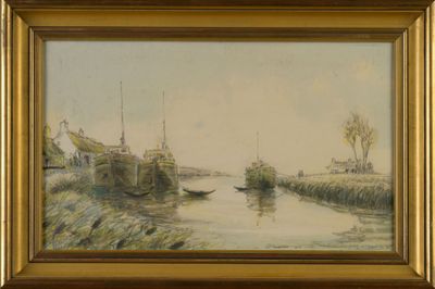 an oil painting of boats on a river with a village in the background