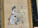 a picture of a woman sitting at a piano in a room
