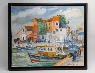 une peinture représentant une scène portuaire avec des bateaux dans l'eau