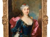 portrait of a lady in a blue dress with a pink shawl
