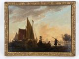 an image of a painting of people on a boat in a body of water