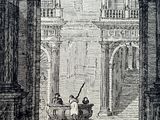 an old drawing of a courtyard with people sitting on the steps and a building in the background