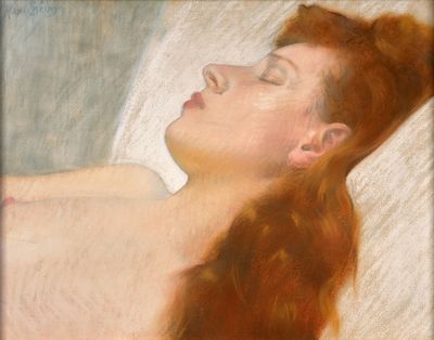tableau représentant une femme allongée dans un lit, les yeux fermés