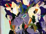 painting of purple and white flowers in a vase on a table