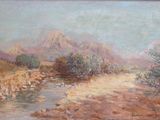 une peinture à l'huile représentant une rivière avec une montagne en arrière-plan