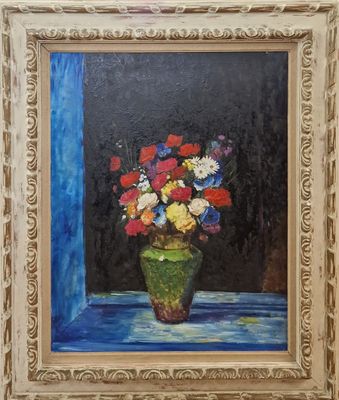 an oil painting of a vase of flowers on a blue table