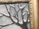 a picture of a painting of a tree with snow on it