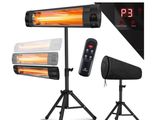 two different types of heaters and a tripod stand on a white background
