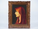 portrait of a woman in a red veil in a gold frame