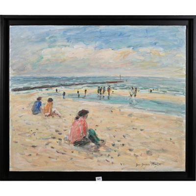 tableau représentant une scène de plage avec des personnes assises sur le sable et dans l'eau