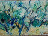 une peinture à l'huile représentant un tableau d'un groupe de chevaux dans un champ