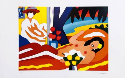 a painting of a woman laying on a bed with a man in the background