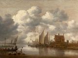 un tableau représentant des bateaux sur un plan d'eau, avec un château en arrière-plan