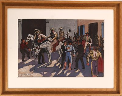 tableau représentant un groupe de personnes rassemblées autour d'une calèche