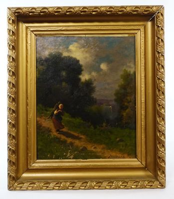 un tableau représentant une femme marchant sur un sentier dans un champ