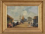 an oil painting of a beach scene with a boat in the water