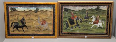 two paintings of men riding horses in a field with a castle in the background
