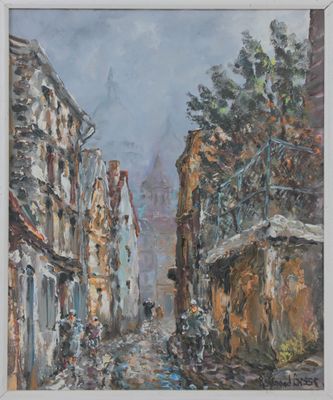 an oil painting of a street scene with buildings and a horse drawn carriage