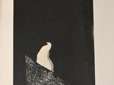 a black and white photo of a polar bear sitting on a rock