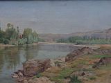 une image représentant un tableau d'une rivière avec des rochers au premier plan