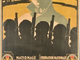 poster of a man in a military uniform holding a gun in front of a group of soldiers
