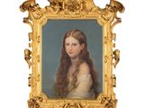 portrait of a young girl in a white dress in a gold frame