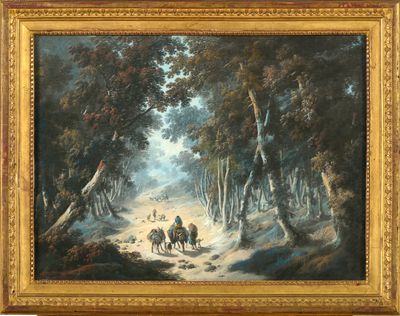 Gouache sur papier "Paysage avec paysans et troupeaux". Signée en bas 