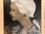 painting of a woman with white hair and a feathered collar