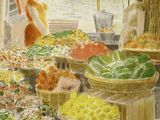 a watercolor painting of a fruit and vegetable stand