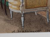 a painting of a chair and a table in a room