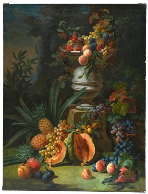 peinture représentant une nature morte composée de fruits posés sur une table, avec un vase contenant des fruits