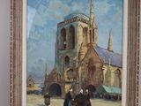 painting of a church with people walking in front of it