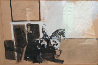 un tableau représentant un homme à cheval dans une pièce