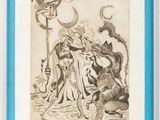 a black and white drawing of a woman and a demon