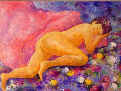 painting of a nude woman laying down on a bed of flowers