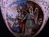 a vase with a painting on it on a black background
