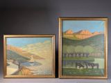two paintings of horses in a field with mountains in the background