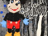 painting of a mickey mouse holding a guitar in front of a tree